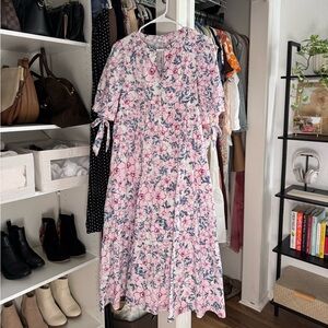 Floral Pink Midi Dress with Tie Sleeves